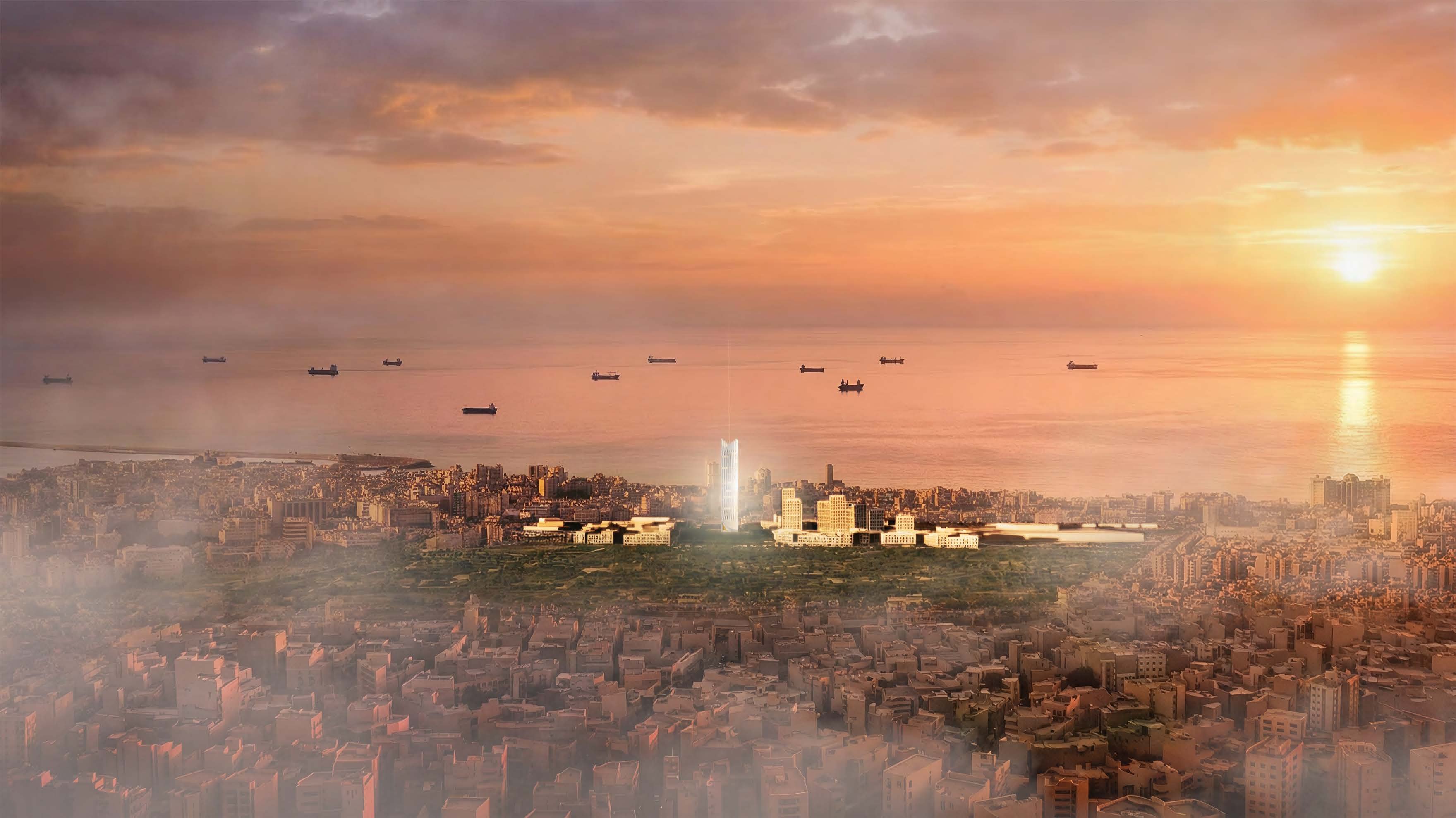 A masterplan seen from the air reaching toward the sea, courtyard blocks and a central tower.