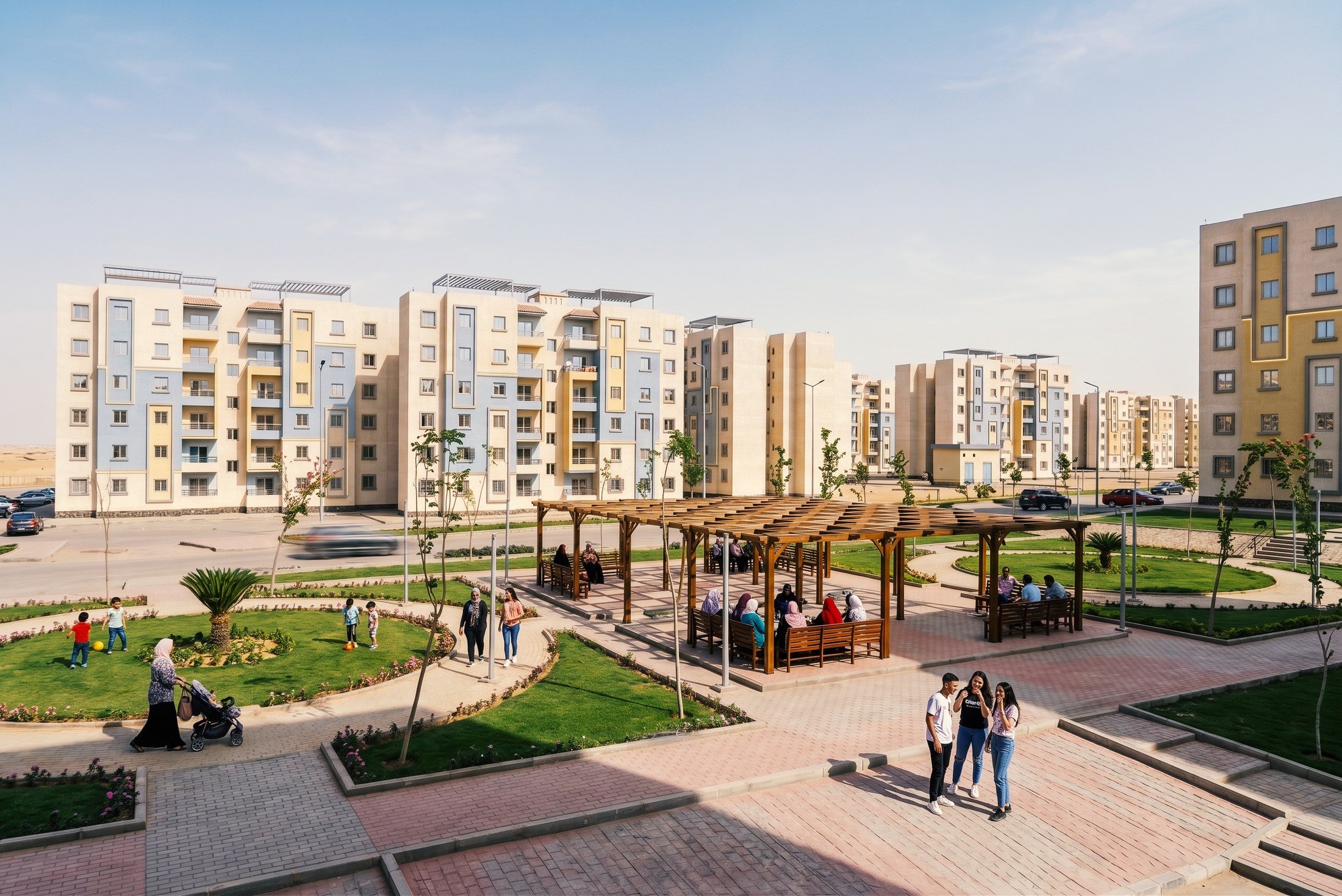 A housing district at ground level: mid-rise apartment blocks in cream, blue and ochre behind a landscaped park with timber pergolas, lawns and families walking.