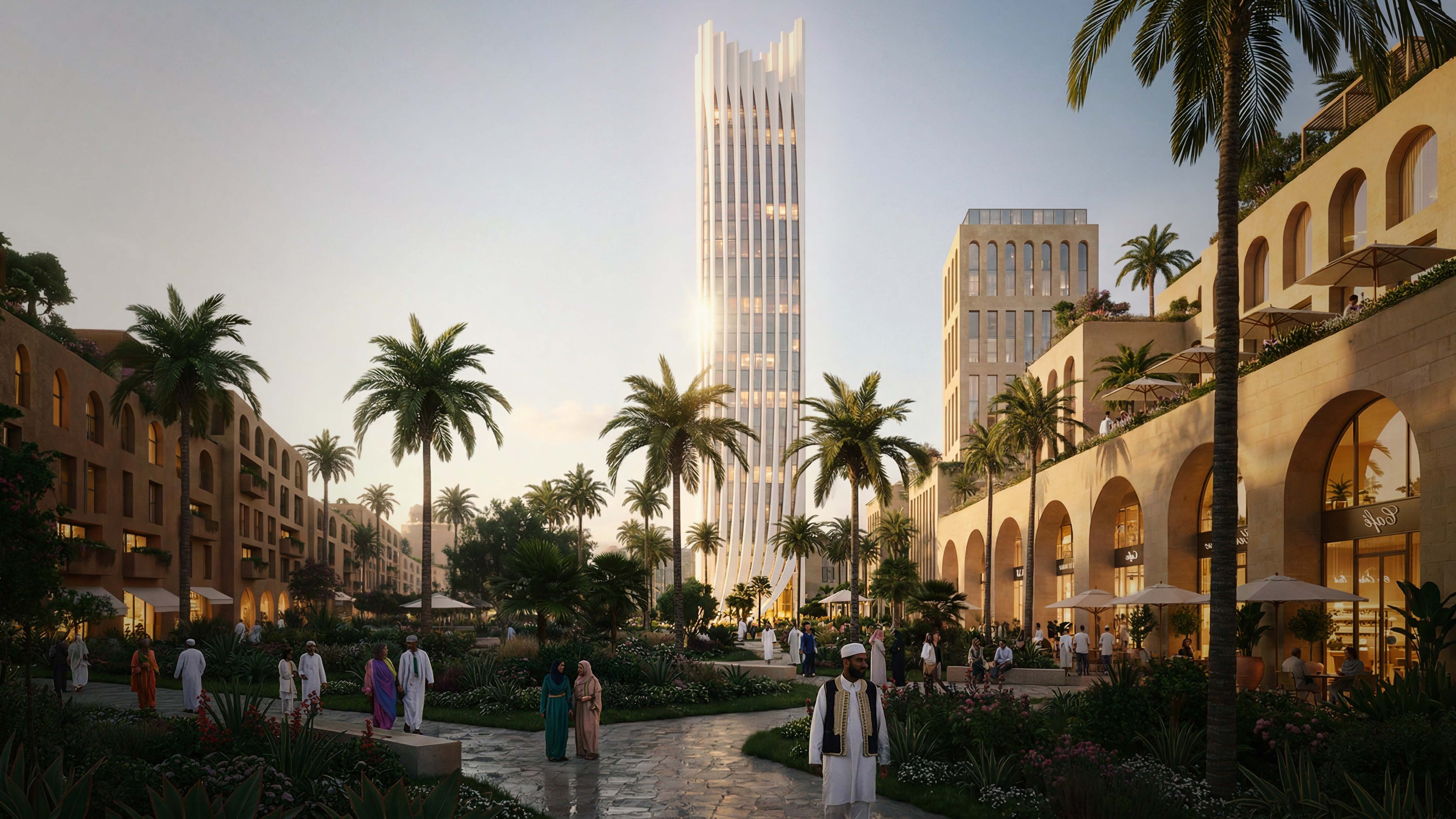 A garden court held between stone buildings — landscape and architecture drawn as one.