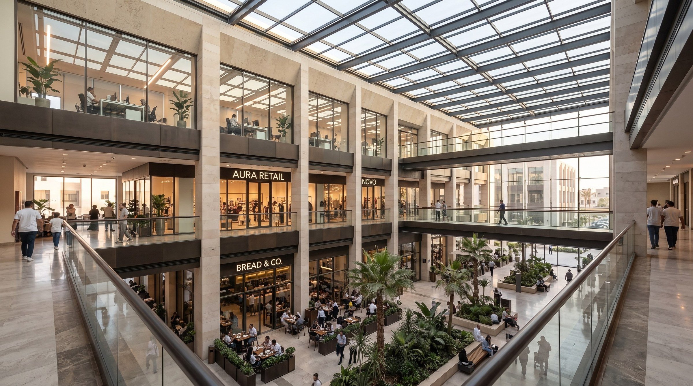 Concept visualisation — the covered atrium: a glazed roof over a three-storey gallery, shopfronts on both sides, daylight reaching the ground floor.