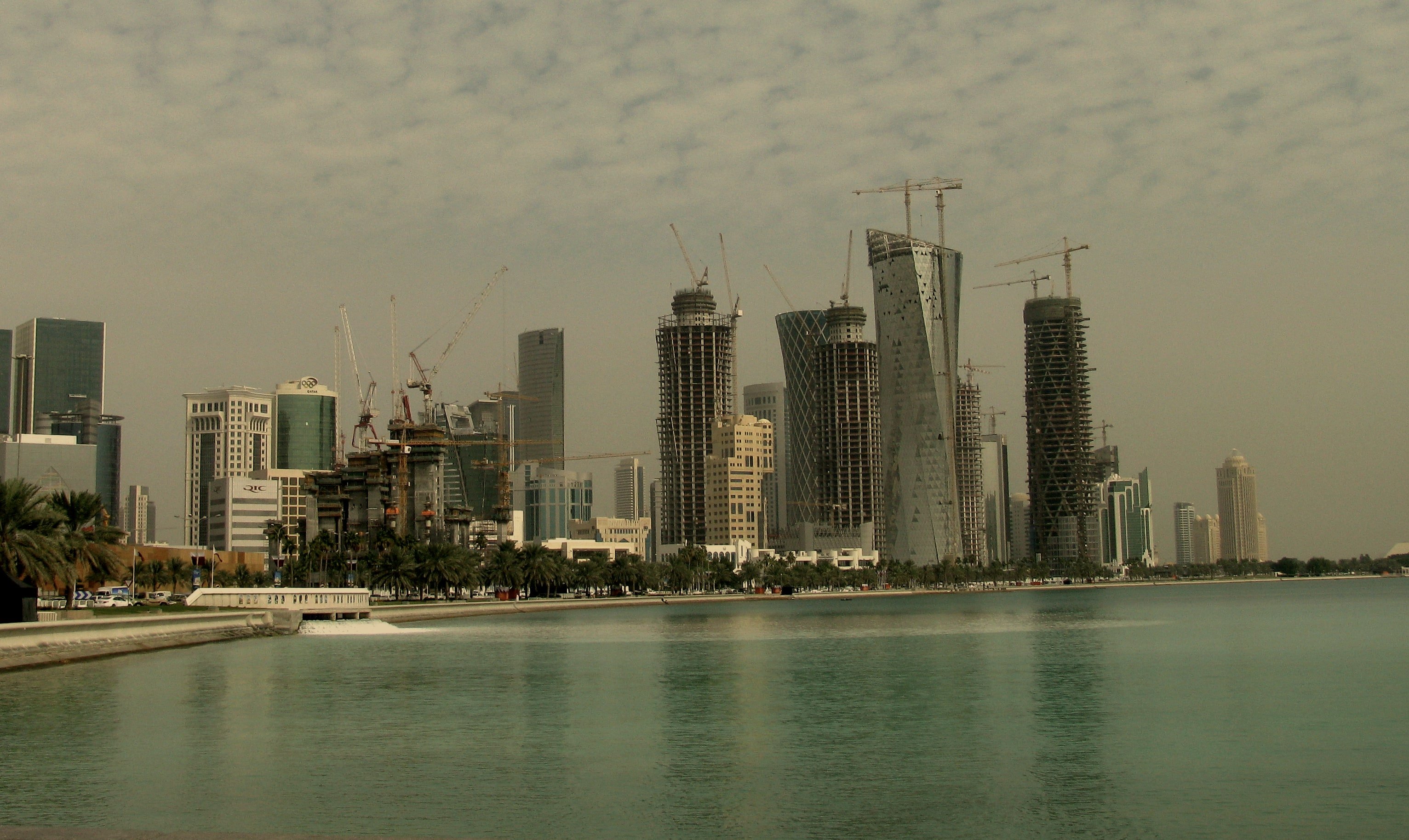 A Gulf skyline under construction — a forest of tower cranes over concrete structural frames.