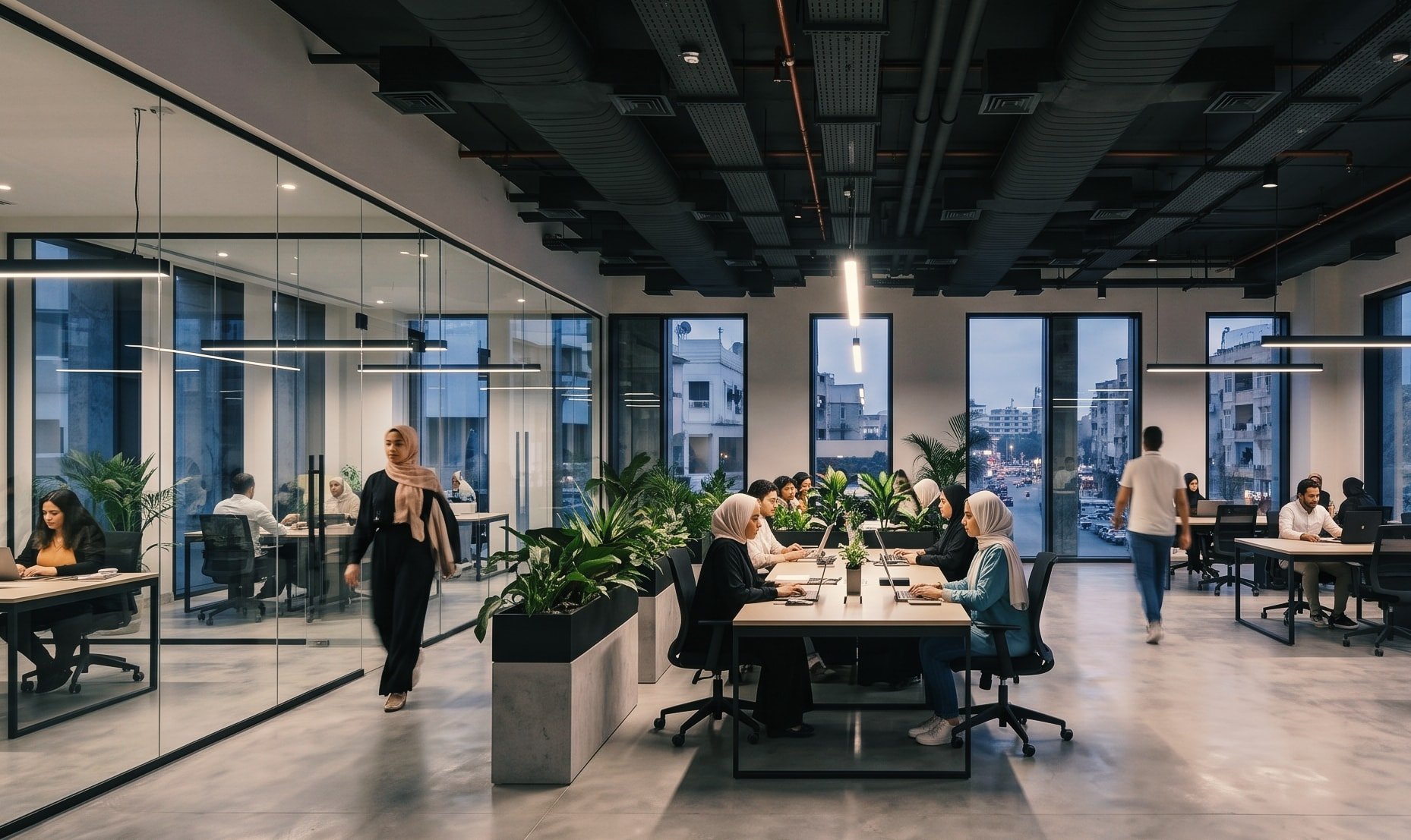 The Stone Park workplace interior at dusk — open-plan desks, glazed meeting rooms and city views.
